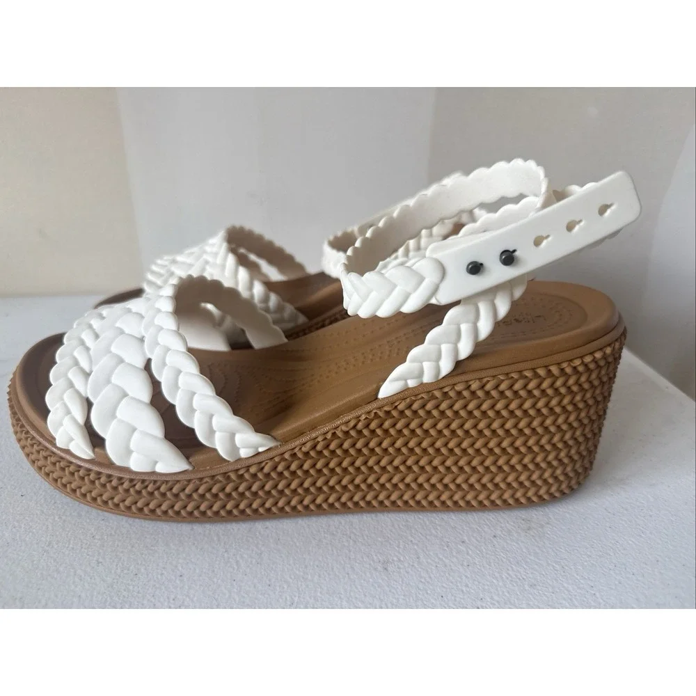Crocs Sandals Wedge Heel Strappy Braided Women's Size 11 Beige Woven Platform